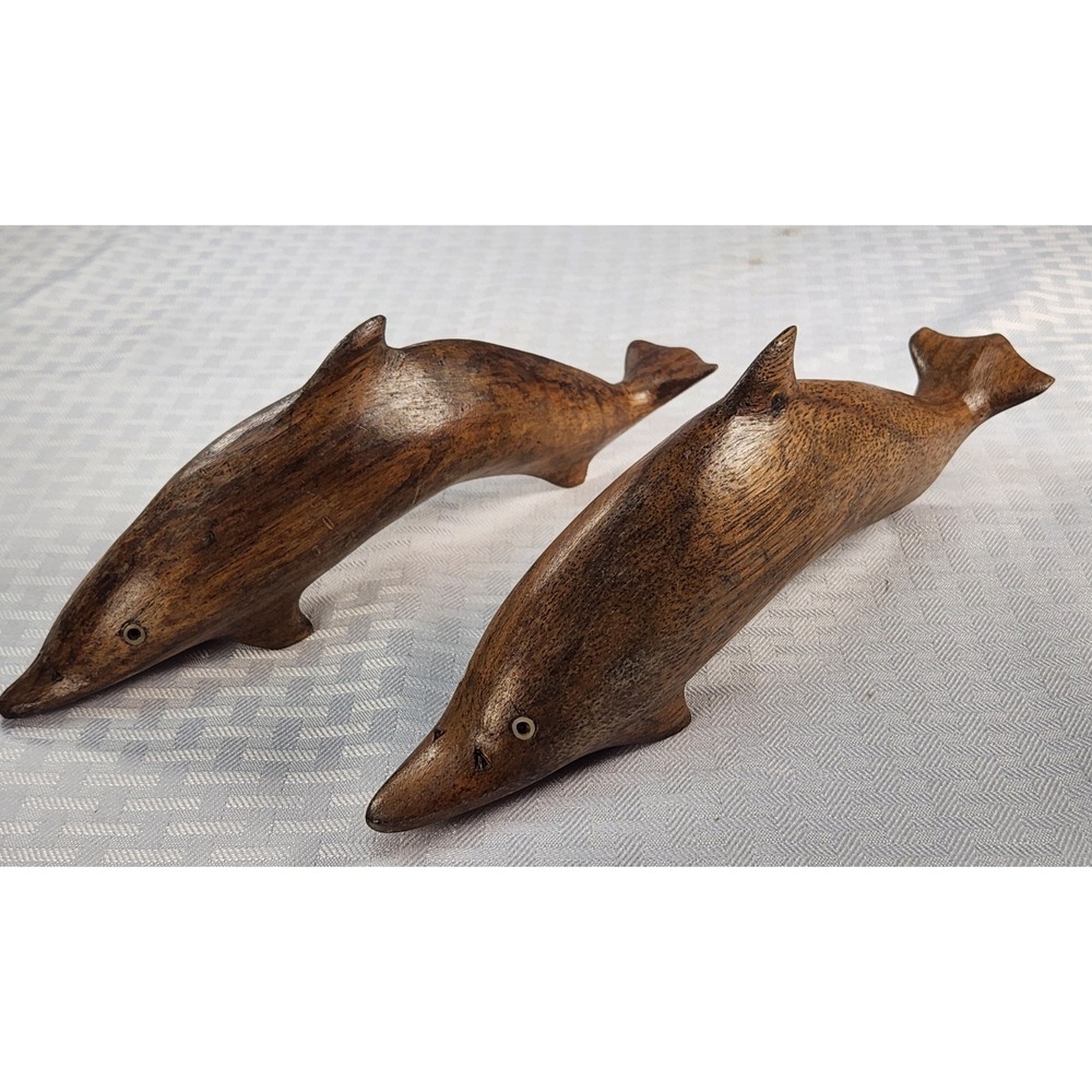 Vintage Handcrafted Ironwood Pair of Dolphins Sculptures Figurines 9.5" Decor